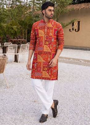 Classic red heavy crepe kurta set with thread & sequin embroidery 1