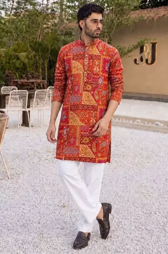 Classic red heavy crepe kurta set with thread & sequin embroidery