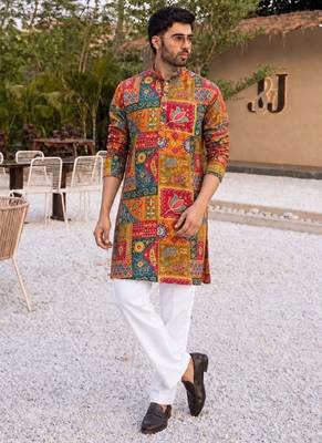 Vibrant yellow heavy crepe kurta set with thread & sequin embroidery 1