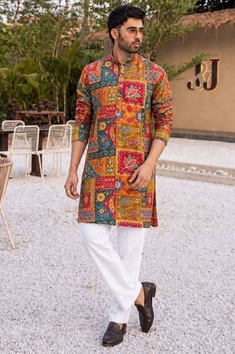 Vibrant yellow heavy crepe kurta set with thread & sequin embroidery