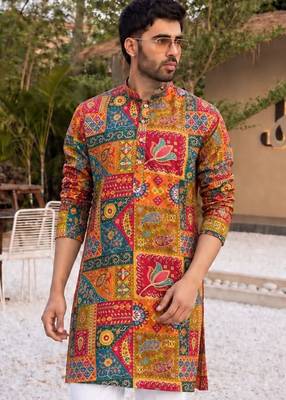 Vibrant yellow heavy crepe kurta set with thread & sequin embroidery 2