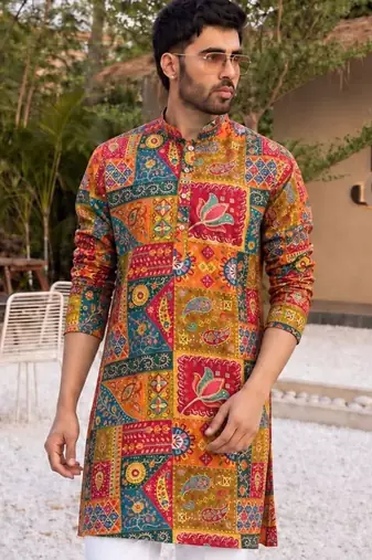 Vibrant yellow heavy crepe kurta set with thread & sequin embroidery
