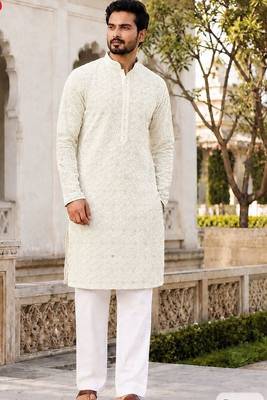 Elegant light cream rayon kurta set with chikankari schiffli work 1