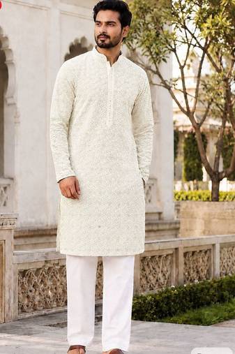Elegant light cream rayon kurta set with chikankari schiffli work