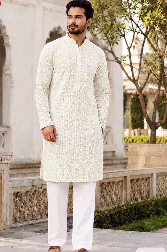 Elegant light cream rayon kurta set with chikankari schiffli work