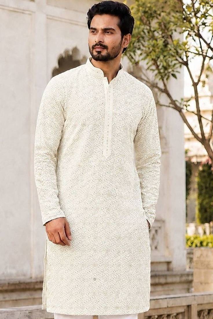 Elegant light cream rayon kurta set with chikankari schiffli work