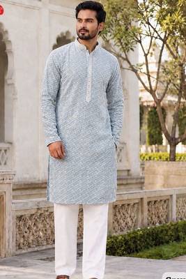 Classic light grey rayon kurta set with chikankari schiffli work 1