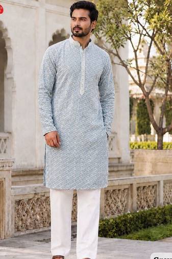 Classic light grey rayon kurta set with chikankari schiffli work