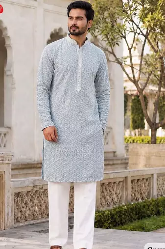 Classic light grey rayon kurta set with chikankari schiffli work