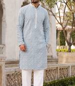 Classic light grey rayon kurta set with chikankari schiffli work