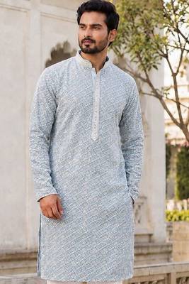 Classic light grey rayon kurta set with chikankari schiffli work 2