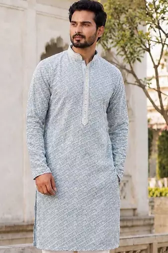 Classic light grey rayon kurta set with chikankari schiffli work