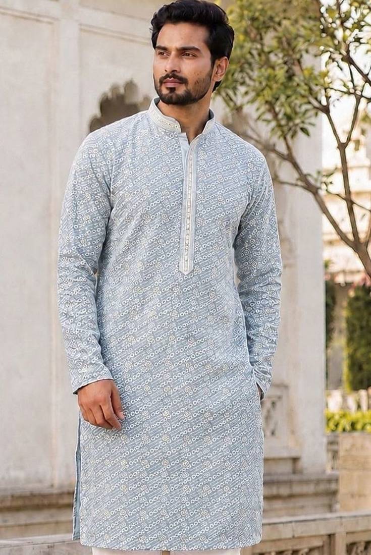 Classic light grey rayon kurta set with chikankari schiffli work