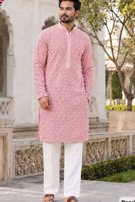 Graceful light peach rayon kurta set with chikankari schiffli work 1