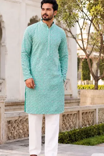 Elegant light sky blue rayon kurta set with chikankari schiffli work