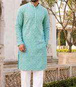 Elegant light sky blue rayon kurta set with chikankari schiffli work