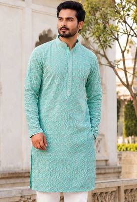 Elegant light sky blue rayon kurta set with chikankari schiffli work 2
