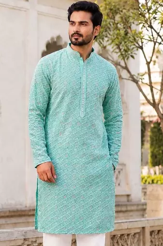 Elegant light sky blue rayon kurta set with chikankari schiffli work
