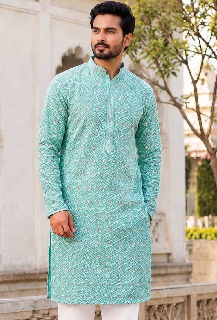 Elegant light sky blue rayon kurta set with chikankari schiffli work