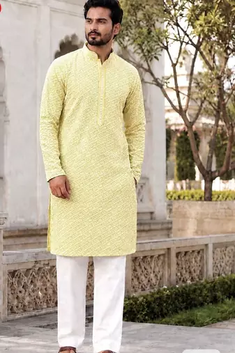 Charming light yellow rayon kurta set with chikankari schiffli work