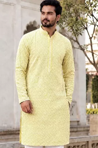 Charming light yellow rayon kurta set with chikankari schiffli work