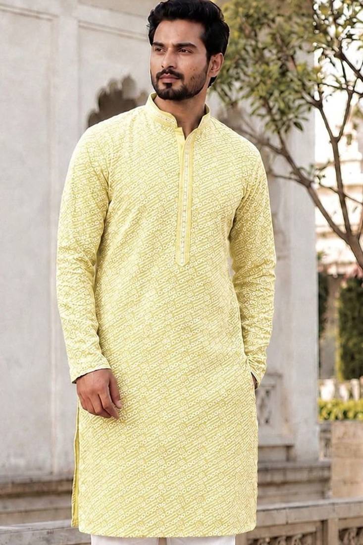 Charming light yellow rayon kurta set with chikankari schiffli work