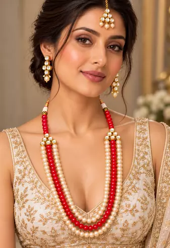 Red kundan pearl necklace set with tikka