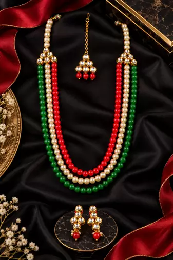 Heritage trio kundan pearl necklace set