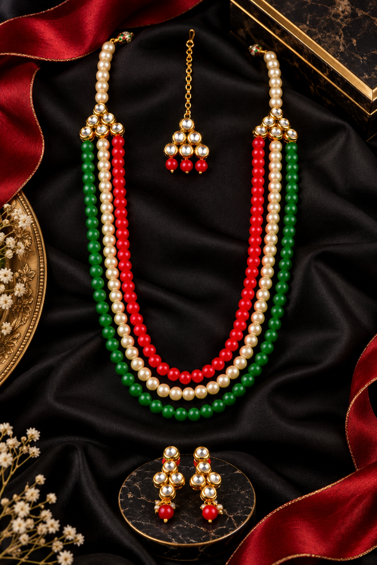 Heritage trio kundan pearl necklace set