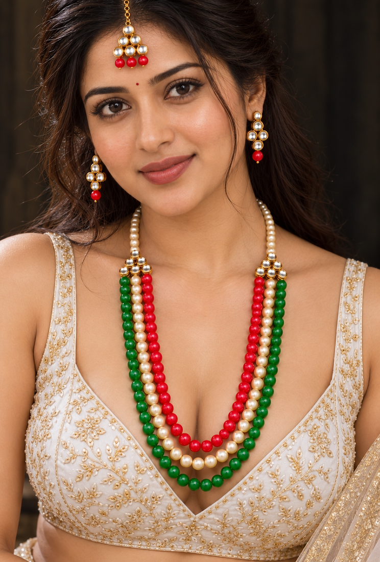 Heritage trio kundan pearl necklace set