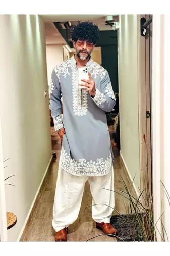 Sky blue embroidery rolex-silk fancy designer party wear embroidery men's wear kurta