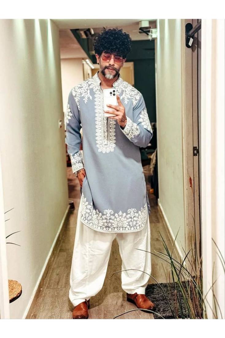 Sky blue embroidery rolex-silk fancy designer party wear embroidery men's wear kurta