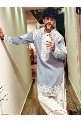 Sky blue embroidery rolex-silk fancy designer party wear embroidery men's wear kurta