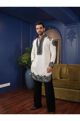 White embroidery rolex-silk fancy designer party wear embroidery men's wear kurta 1