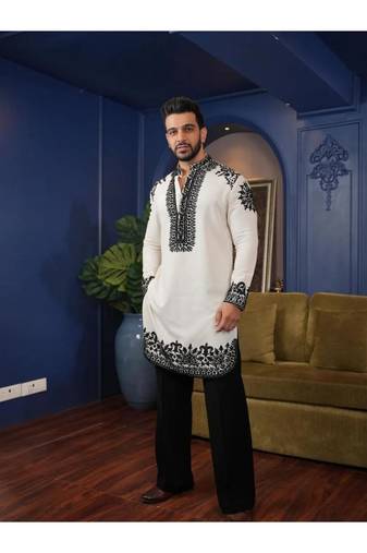 White embroidery rolex-silk fancy designer party wear embroidery men's wear kurta