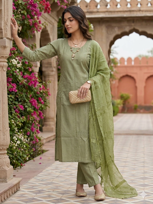 Women's art silk fabric embroidered kurta set with  dupatta 1