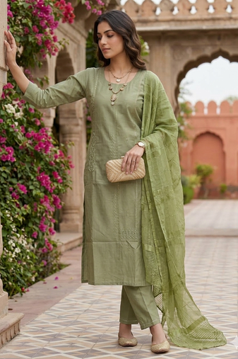 Women's art silk fabric embroidered kurta set with  dupatta