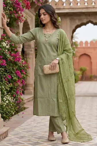 Women's art silk fabric embroidered kurta set with  dupatta