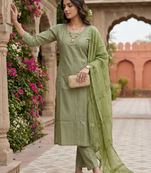 Women's art silk fabric embroidered kurta set with  dupatta