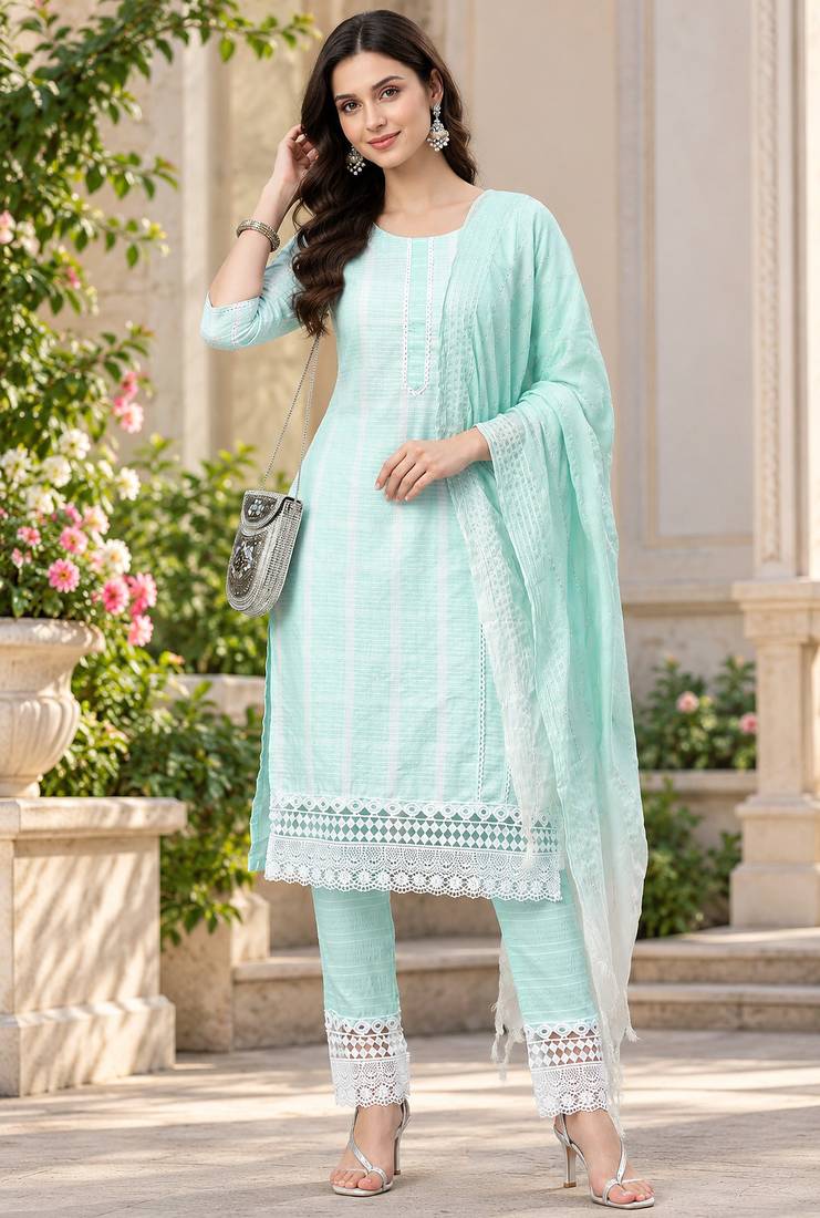 Women's south cotton  kurta pant dupatta set