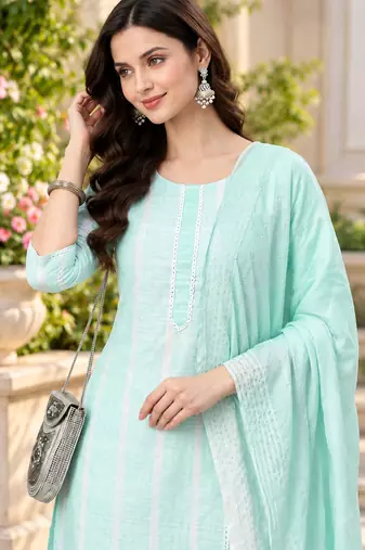 Women's south cotton  kurta pant dupatta set