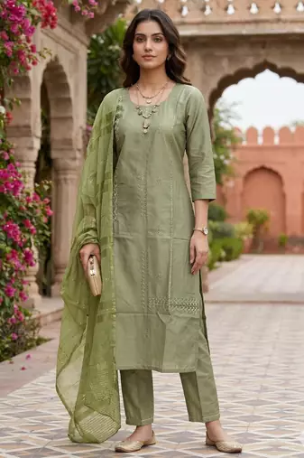 Women's art silk fabric embroidered kurta set with  dupatta