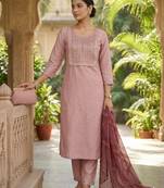 Women's art silk fabric embroidered kurta set with  magji lace dupatta