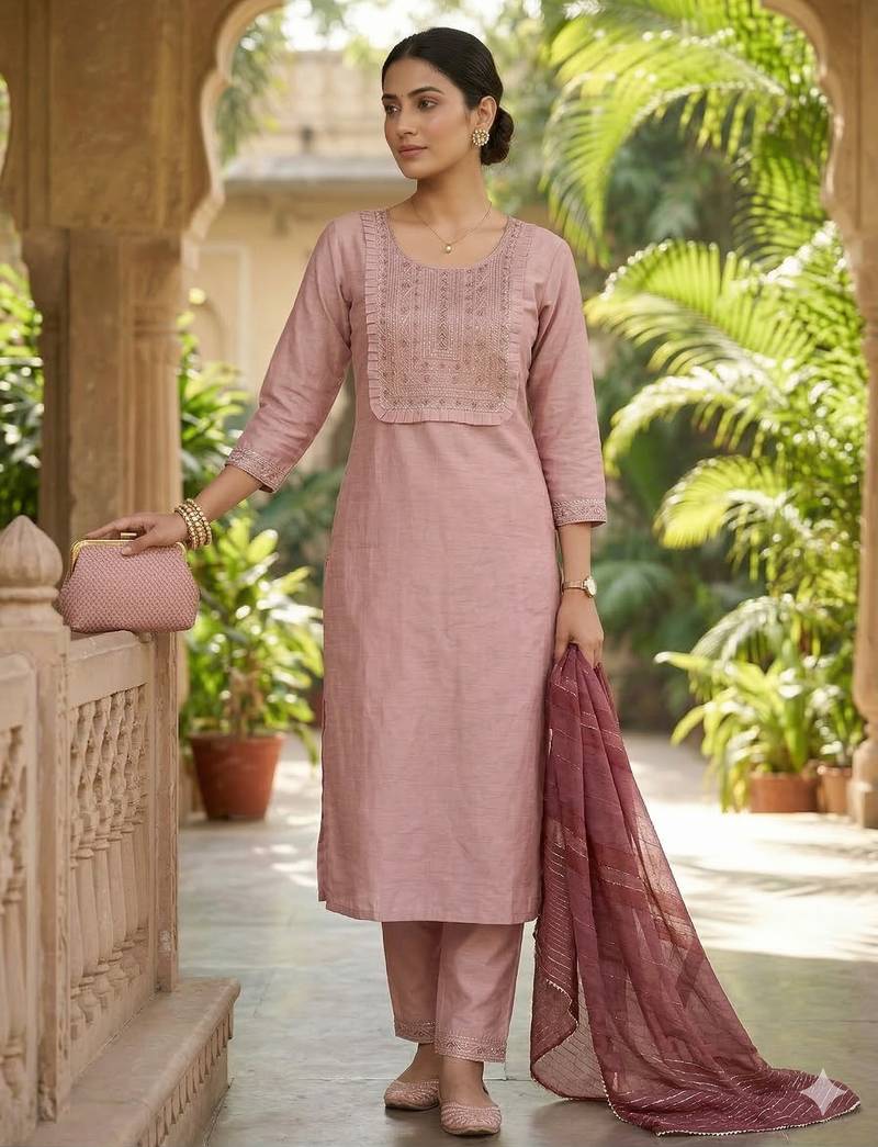 Women's art silk fabric embroidered kurta set with  magji lace dupatta