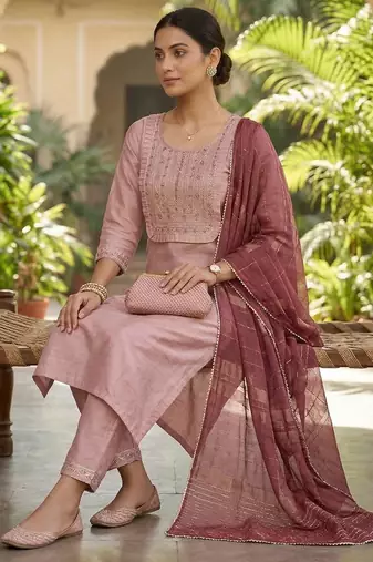 Women's art silk fabric embroidered kurta set with  magji lace dupatta