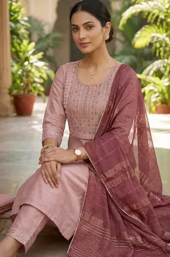 Women's art silk fabric embroidered kurta set with  magji lace dupatta