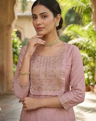 Women's art silk fabric embroidered kurta set with  magji lace dupatta 5