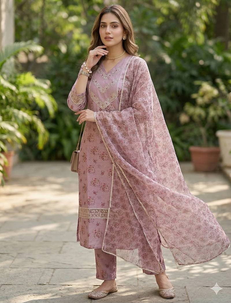 Women's silk chiffon embroidered kurta set with digital dupatta