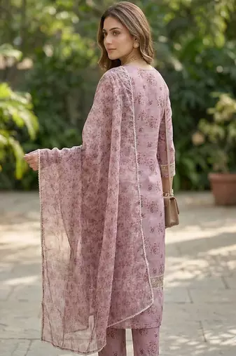 Women's silk chiffon embroidered kurta set with digital dupatta