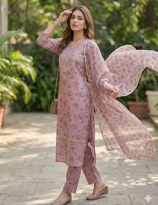 Women's silk chiffon embroidered kurta set with digital dupatta 3
